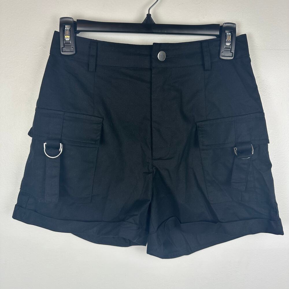 NWOT Shein Womens Petite Flap Cotton Pocket Buckle Black Cargo Shorts Medium